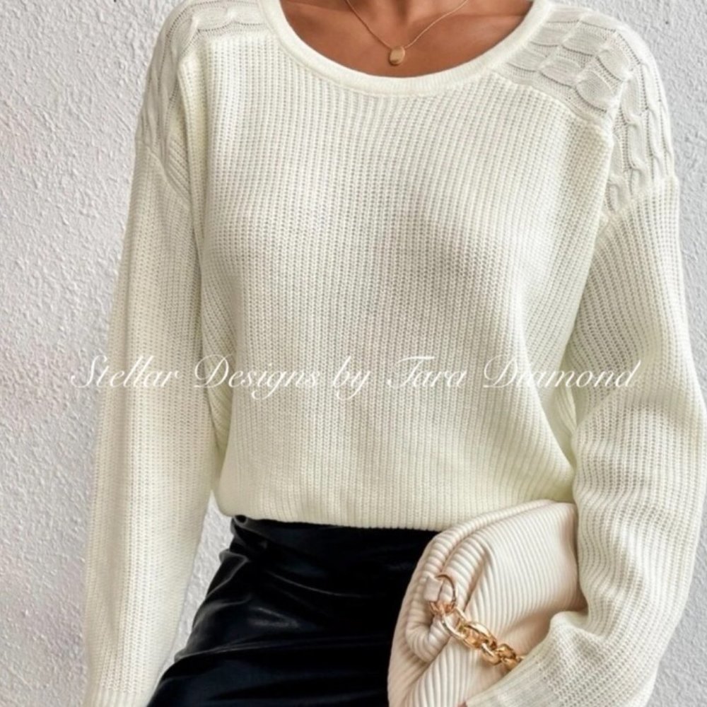 Stellar Designs White Ribbed Knit Sweater🍂💛